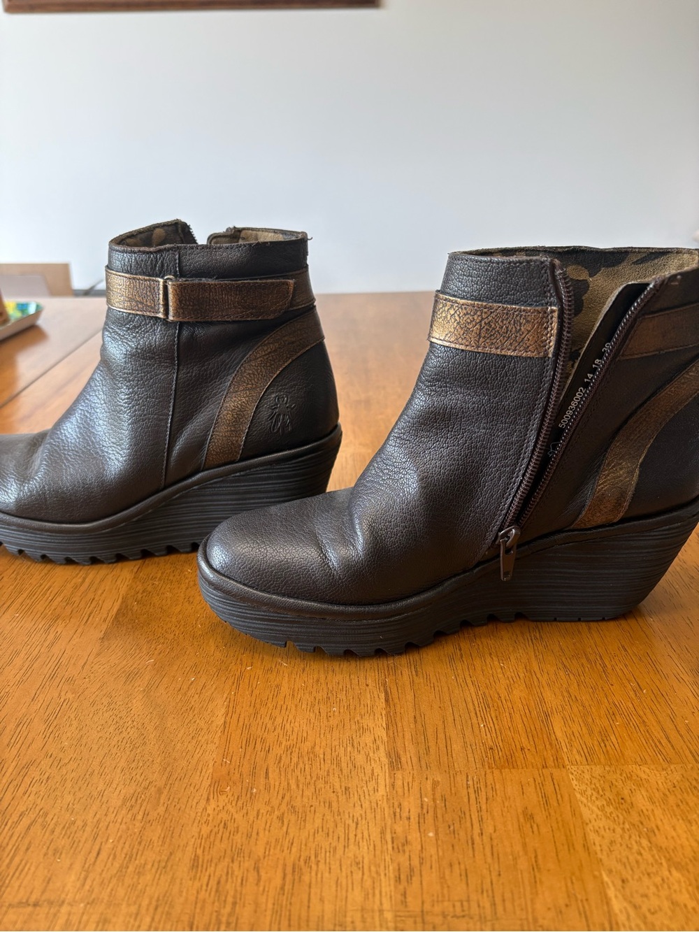 Fly London Black & Brown Leather Wedge Ankle Booties - Picture 2 of 6